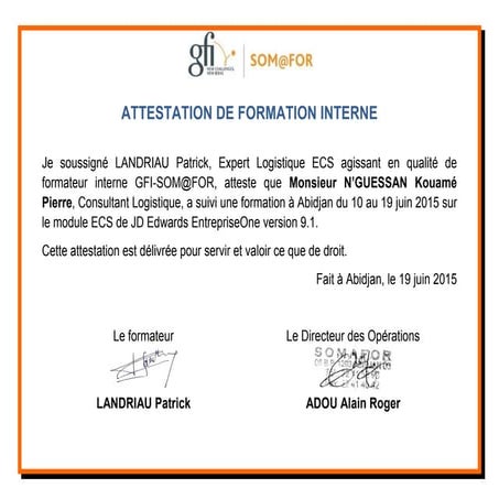 ATTESTATION DE FORMATION INTERNE NGUESSAN | PPT