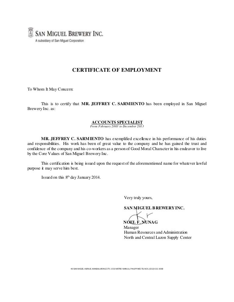 certificate of employment signed certification of employment letter template