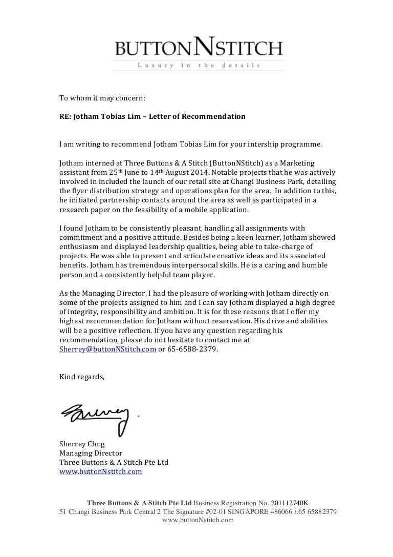 internship recommendation letter letter of recommendation internship