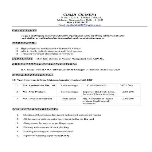 Usman Gul Store Incharge | PDF