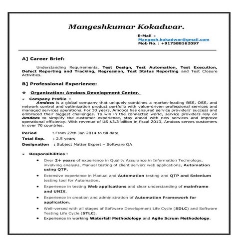 Mangesh Kokadwar Resume