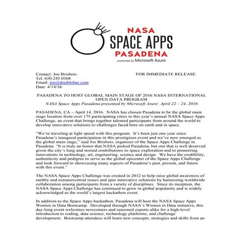 2016 Pasadena Space Apps PRESS RELEASE