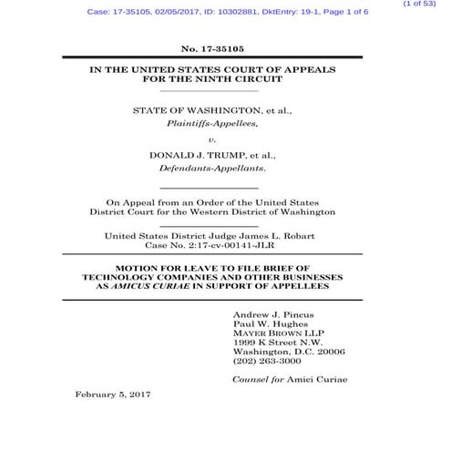 Travel Ban:  Apple, Facebook, Google, Twitter, and Microsoft filed an amicus ...