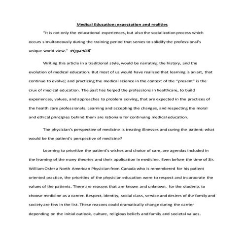 Medical Education and realities