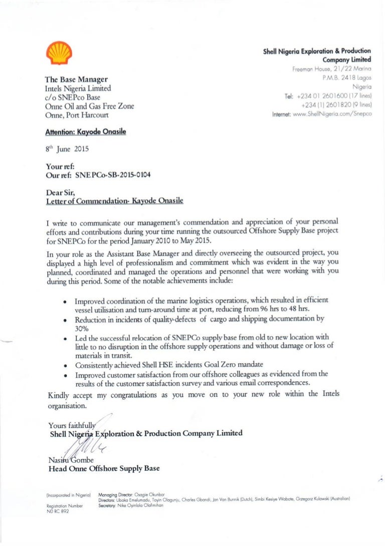 Commendation Letter from SHELL Kayode Onasile