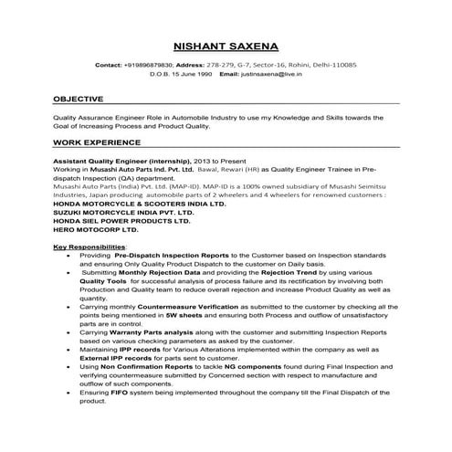 NISHANT SAXENA QUALITY ENGINEER  RESUME
