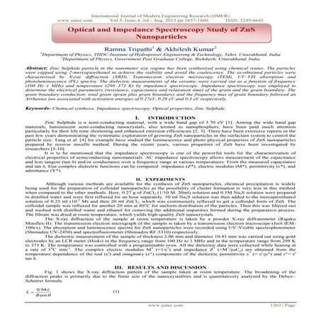 Optical and Impedance Spectroscopy Study of ZnS Nanoparticles