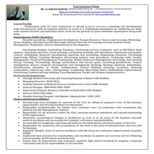 Career Profile of Mr.Kiran Kumar