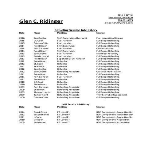 REFUELING SERVICE JOB HISTORY