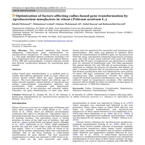 Optimization of factors affecting callus-based gene transformation by ...