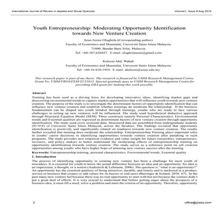 Youth Entrepreneurship: Moderating Opportunity Identification towards New Ven...