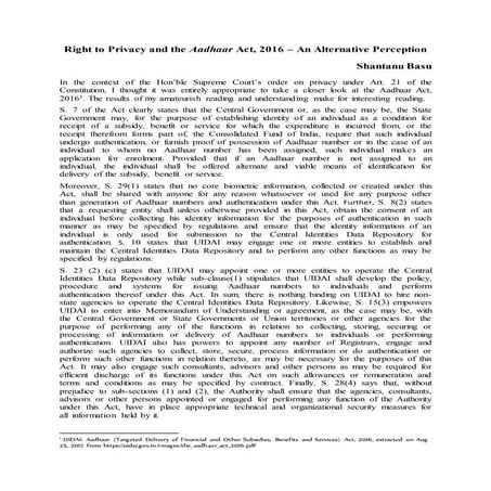 Right to Privacy and the Aadhaar Act, 2016 | DOCX