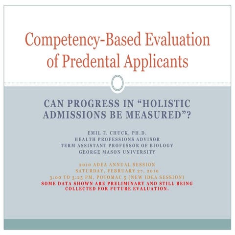ADEA 2010 Competency Based Evaluation Of Predental Applicants