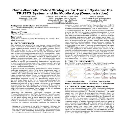 Game-theoretic Patrol Strategies for Transit Systems: the TRUSTS System and its Mobile App