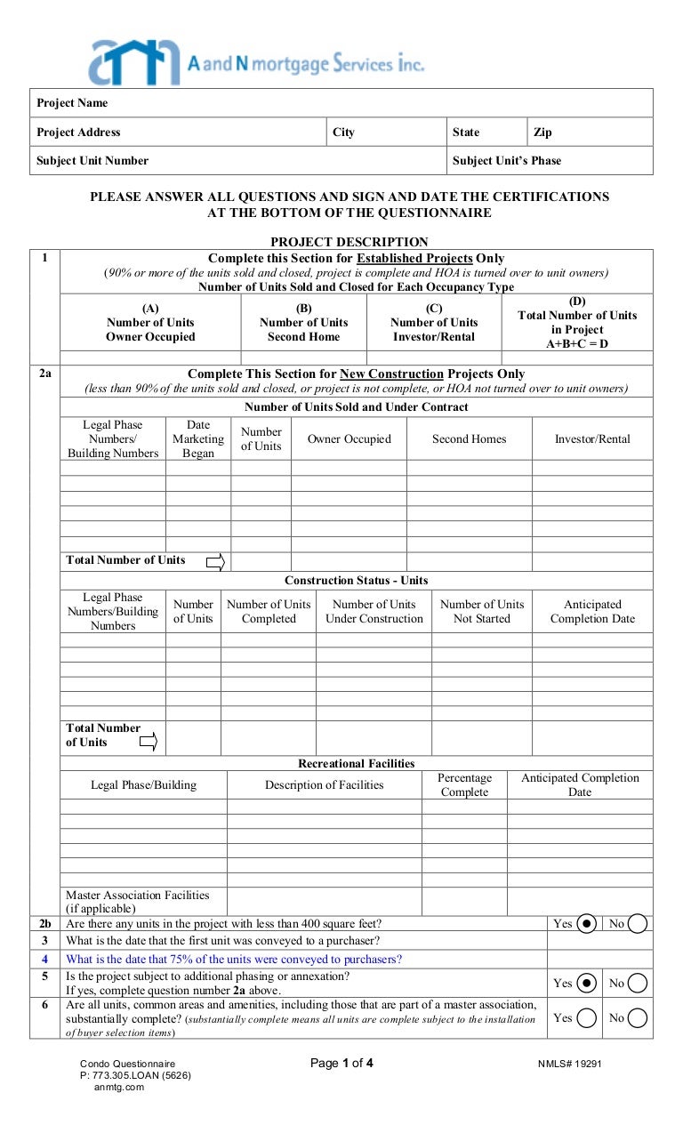 A and N Full Condo Questionnaire