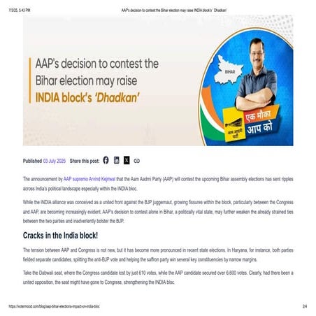 AAP's decision to contest the Bihar election may raise INDIA block’s ...