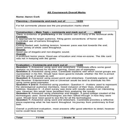 Aaron cork as coursework overall marksheet