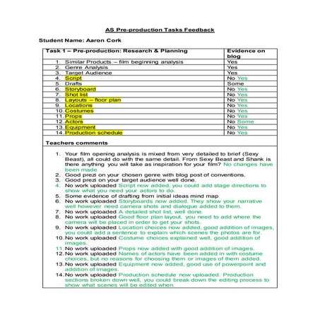 Aaron cork as pre production tasks feedback sheet