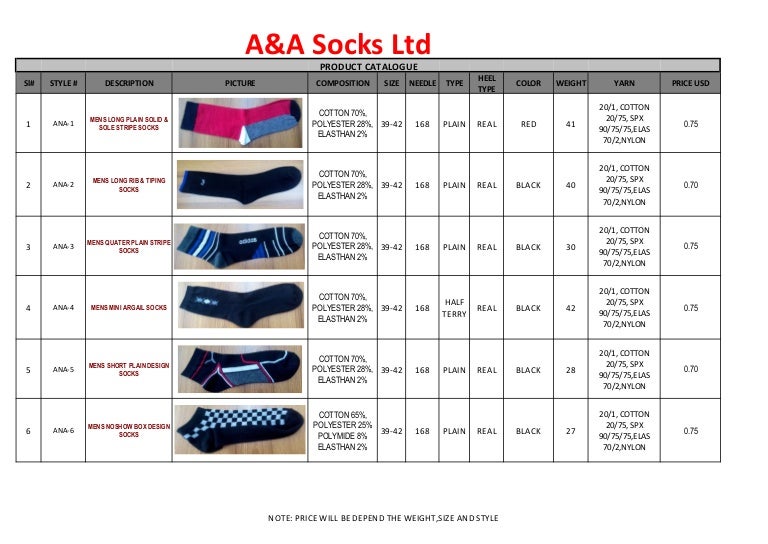 a&a socks company product catalogue