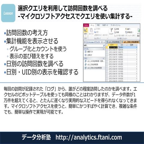選択クエリを利用して訪問回数を調べる -マイクロソフトアクセスでクエリを使い集計する-【データ分析塾ab005】