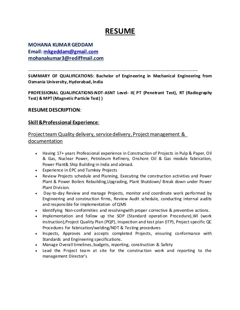 quality engineer sample resume