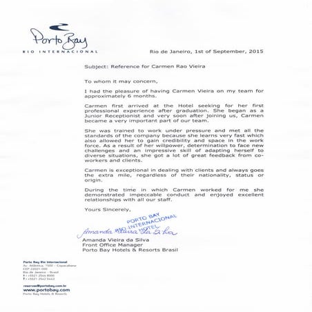 Recommendation letter - Porto Bay Rio