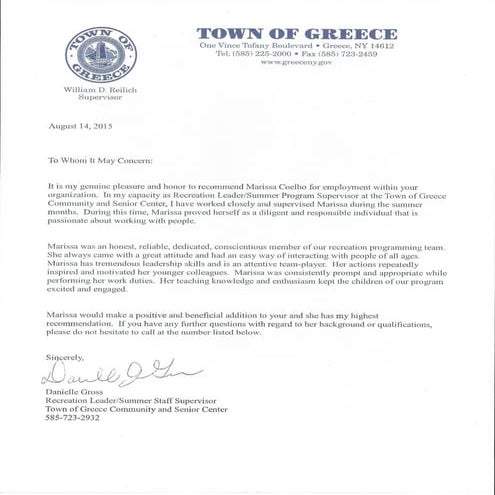 Town of Greece Reference Letter