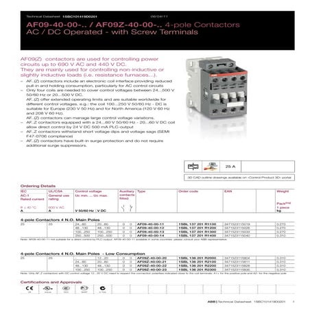 ABB Contactors - 4 Pole Contactors ABB AF09 AF09Z  (AC DC) Contactors