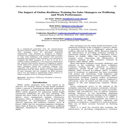 The Impact of Online Resilience Training for Sales Managers on Wellbeing  and Work Performance