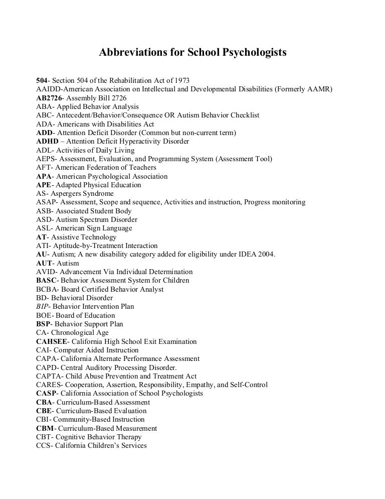 Abbreviations for school psychologists