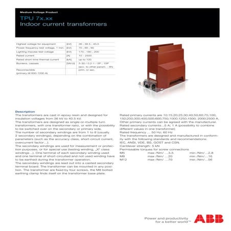 ABB TPU7 Indoor Current Transformers (CT) MV Medium Voltage 36kV 38.5kV 40.5kV