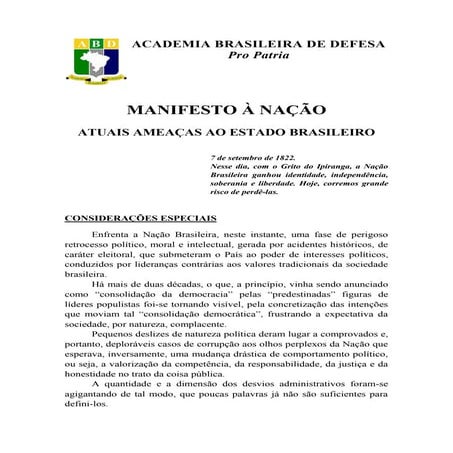 Abd   manifesto à nação - atuais ameacas ao estado brasileiro - 07-09-2011
