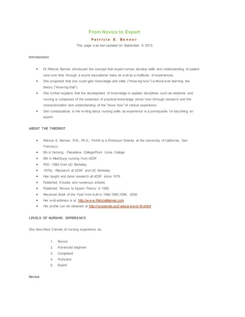 Patricia Benner (Novice to Expert Theory) | PPT