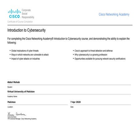 Introduction to Cybersecurity-certificate - Cisco SIgn