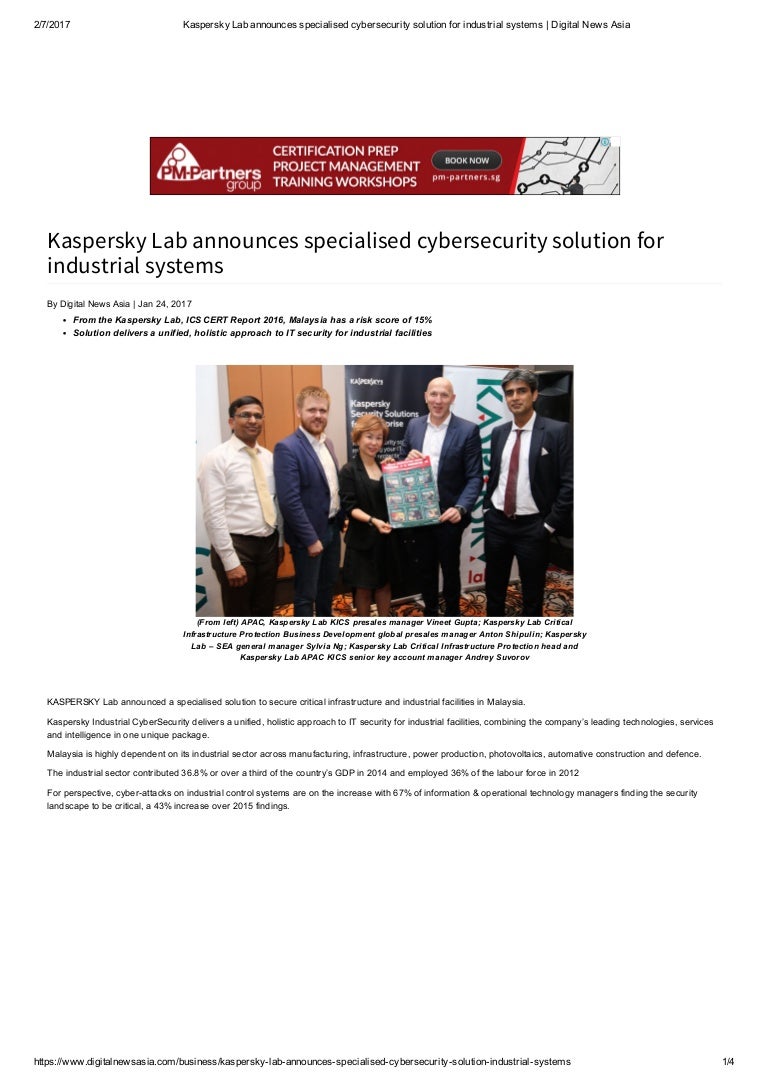 Kaspersky Lab Announces Specialised Cybersecurity Solution For Indust