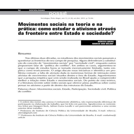 Abers e von bulow 2011  movimentos sociais na teoria e na pratica