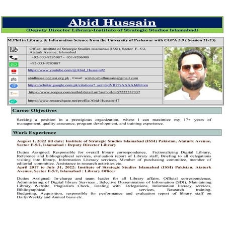 Abid Hussain Deputy Director Library, at The Institute of Strategic Studies Islamabad CV of 2024