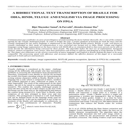A bidirectional text transcription of braille for odia, hindi, telugu and eng...