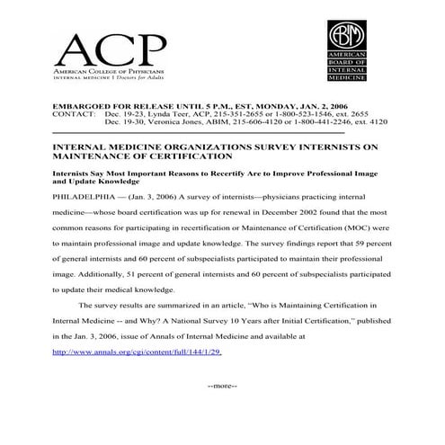 INTERNAL MEDICINE ORGANIZATIONS SURVEY INTERNISTS ON MAINTENANCE OF CERTIFICA...