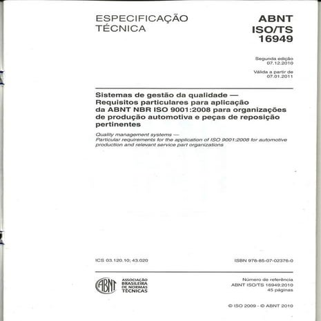 Abnt iso ts 16949-2010 | PDF