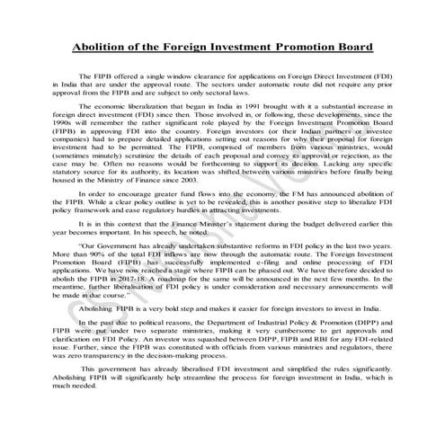 Abolition of the foreign investment promotion board