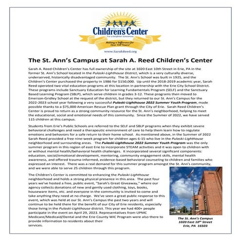 About the St. Ann's Campus Erie PA Sarah Reed Children's Center | PDF