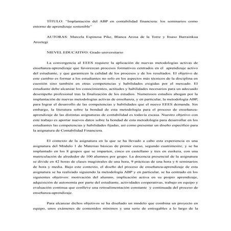 Implantación del ABP en Contabilidad Financiera: los seminarios como entorno de aprendizaje sostenible