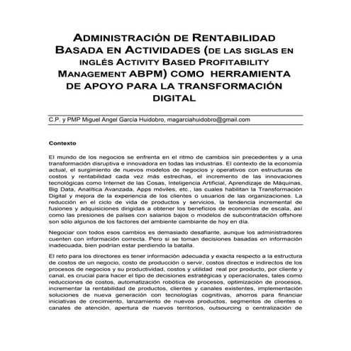 Activity Based Profitability Management and Budgeting as a support tool for D...