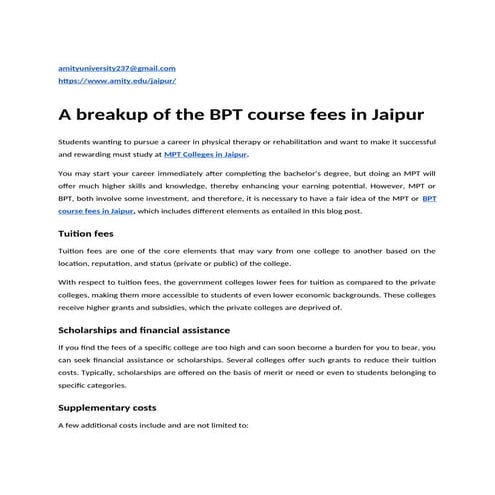 A breakup of the BPT course fees in Jaipur