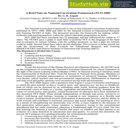 A Brief Note On National Curriculum Framework (NCF) 2005