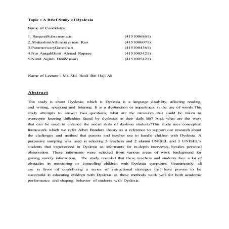 2016, UNIVERSITY SELANGOR : A BRIEF STUDY OF DYSLEXIA.