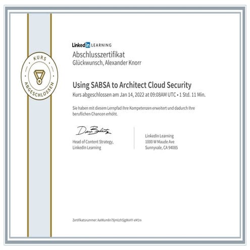 Abschlusszertifikat using SABSA to architect cloud security