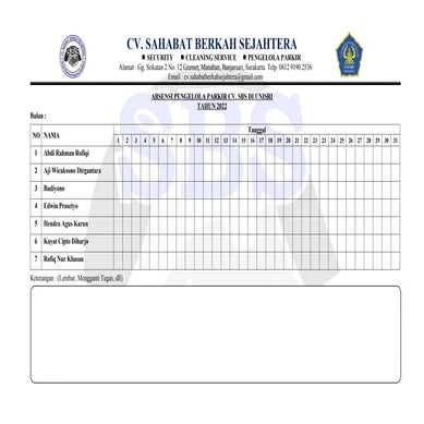 Absensi Parkir CV SBS untuk kegiatan harian usaha | DOCX