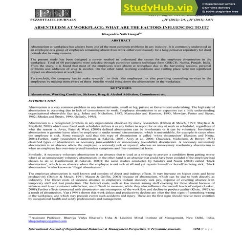 ABSENTEEISM AT WORKPLACE  WHAT ARE THE FACTORS INFLUENCING TO IT